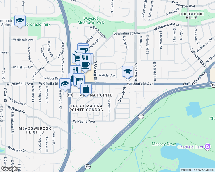 map of restaurants, bars, coffee shops, grocery stores, and more near 8307 South Reed Street in Littleton