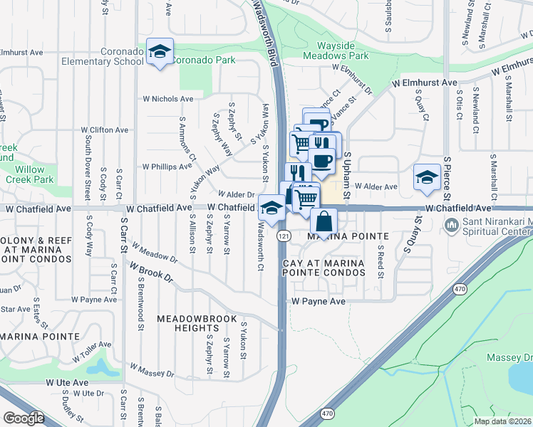 map of restaurants, bars, coffee shops, grocery stores, and more near 8332 South Wadsworth Court in Littleton