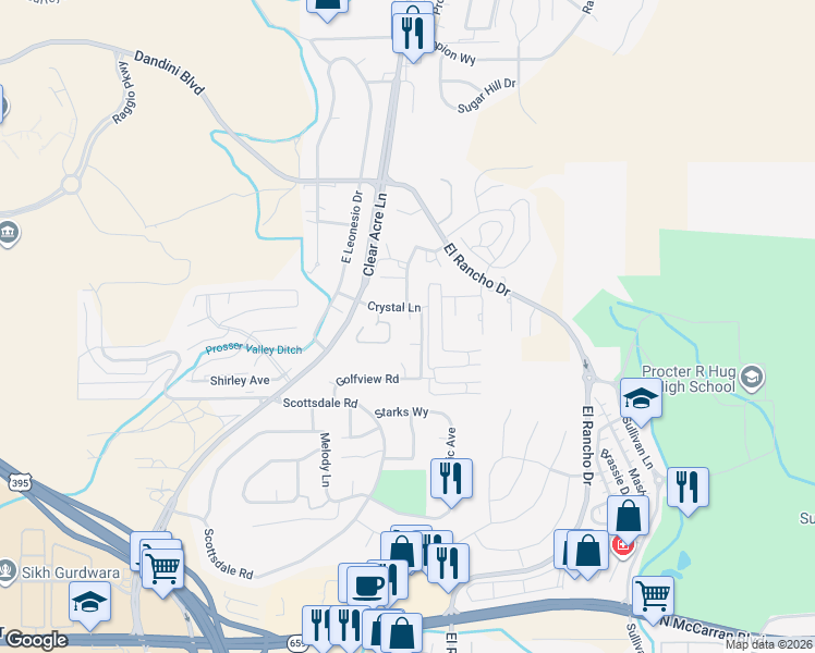map of restaurants, bars, coffee shops, grocery stores, and more near 3937 Clear Acre Lane in Reno