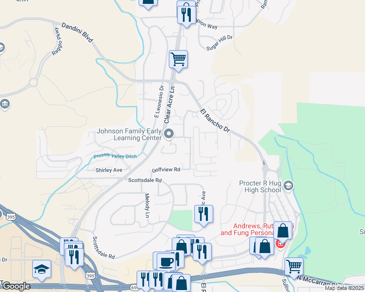 map of restaurants, bars, coffee shops, grocery stores, and more near 3937 Clear Acre Lane in Reno