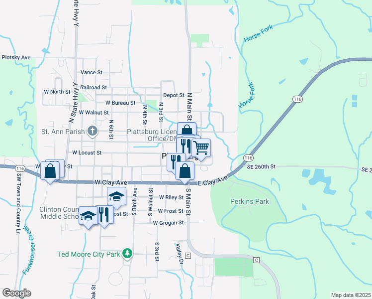 map of restaurants, bars, coffee shops, grocery stores, and more near in Plattsburg