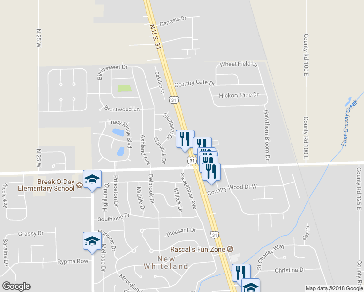 map of restaurants, bars, coffee shops, grocery stores, and more near 15 Tilmor Drive in Whiteland