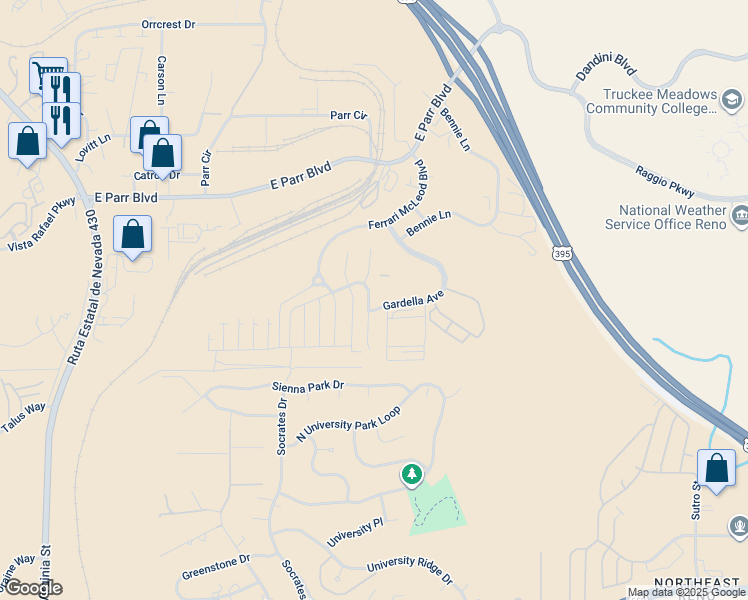 map of restaurants, bars, coffee shops, grocery stores, and more near 3690 Coastal Street in Reno