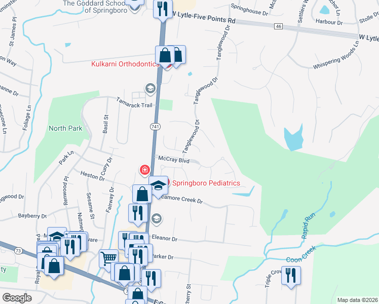 map of restaurants, bars, coffee shops, grocery stores, and more near 10 Southfield Court in Springboro