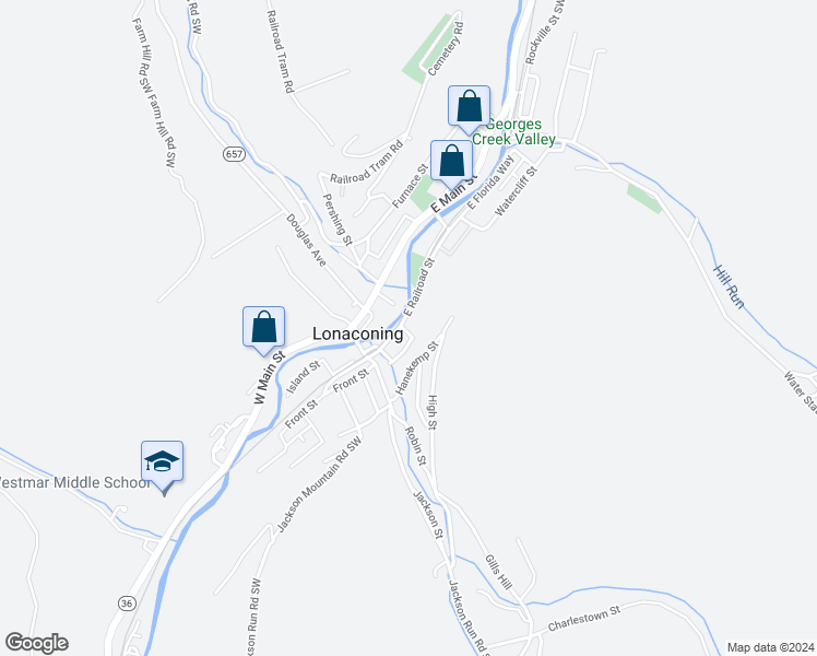 map of restaurants, bars, coffee shops, grocery stores, and more near 9R East Railroad Street in Lonaconing