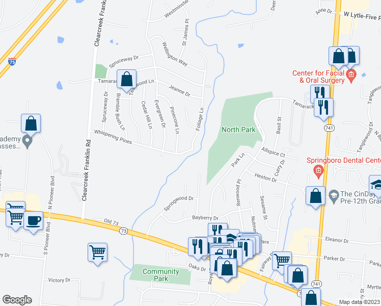 map of restaurants, bars, coffee shops, grocery stores, and more near 95 Foliage Lane in Springboro