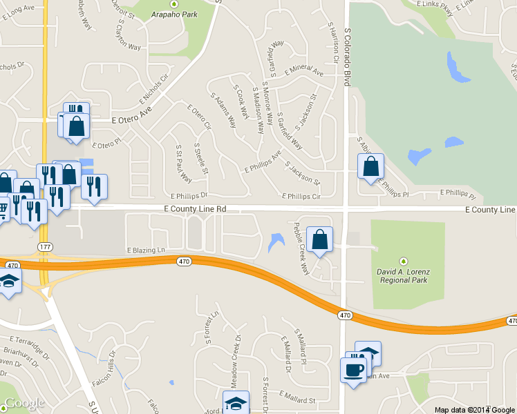 map of restaurants, bars, coffee shops, grocery stores, and more near 3530 East County Line Road in Littleton