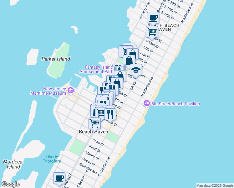 map of restaurants, bars, coffee shops, grocery stores, and more near 415 North Bay Avenue in Beach Haven