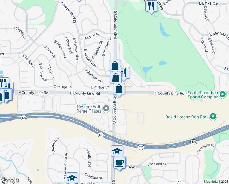 map of restaurants, bars, coffee shops, grocery stores, and more near E County Line Rd & S Colorado Blvd in Centennial