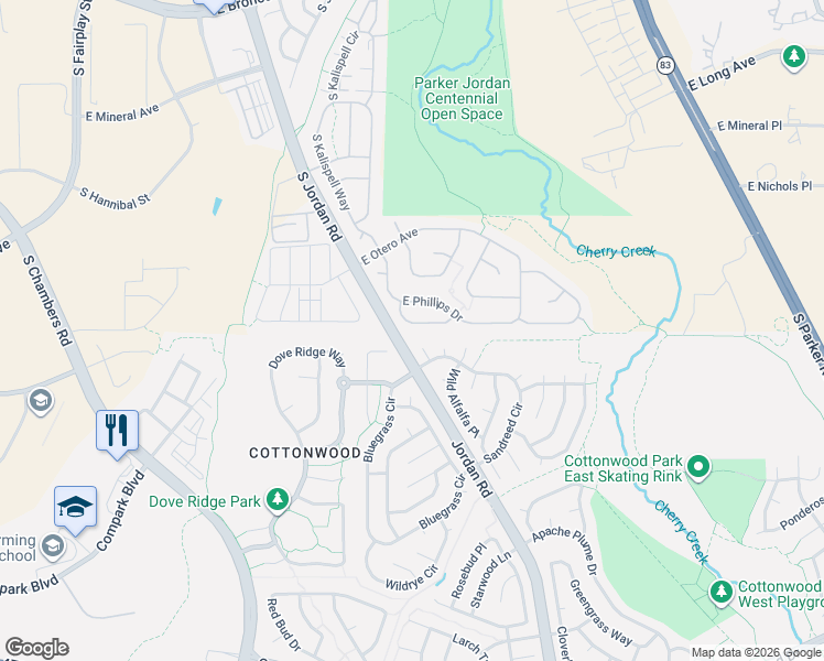 map of restaurants, bars, coffee shops, grocery stores, and more near 8329 Tumblegrass Place in Parker