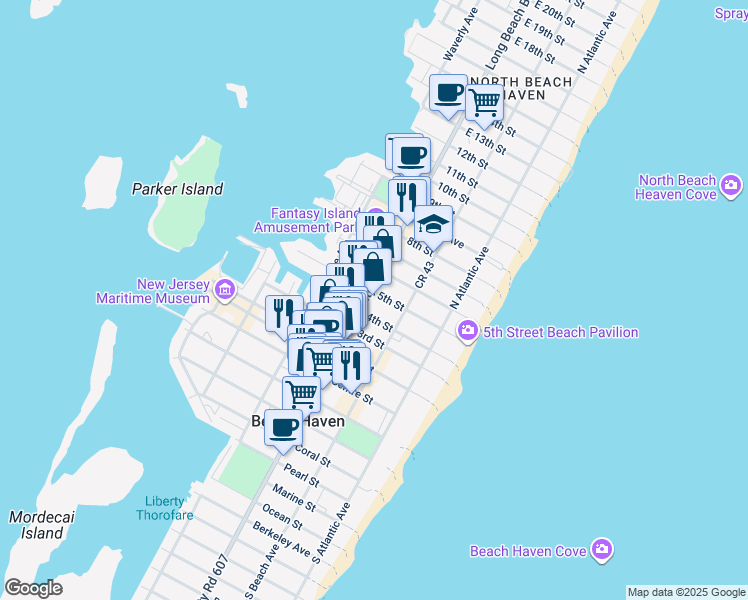map of restaurants, bars, coffee shops, grocery stores, and more near 415 North Bay Avenue in Beach Haven