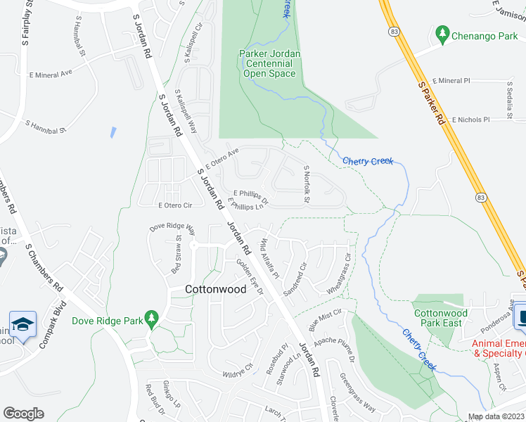 map of restaurants, bars, coffee shops, grocery stores, and more near 16378 East Phillips Lane in Englewood