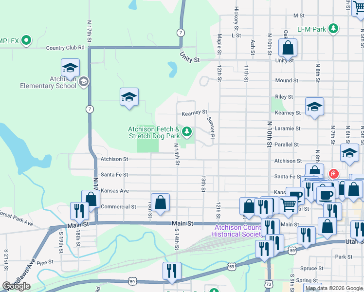 map of restaurants, bars, coffee shops, grocery stores, and more near 1317-1399 Atchison St in Atchison
