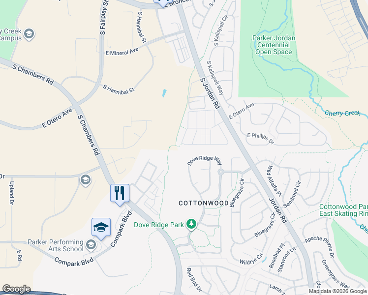 map of restaurants, bars, coffee shops, grocery stores, and more near 8399 Dove Ridge Way in Parker