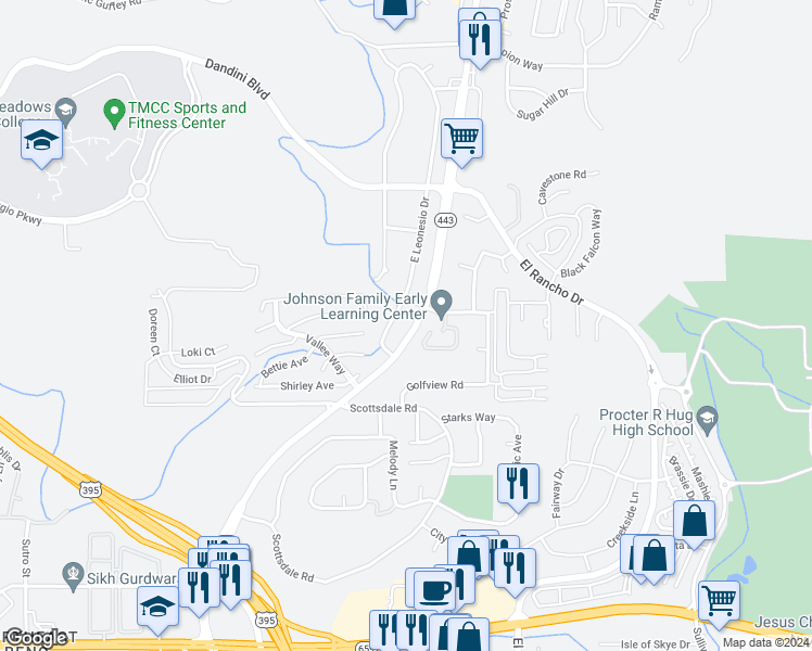 map of restaurants, bars, coffee shops, grocery stores, and more near 3810 East Leonesio Drive in Reno