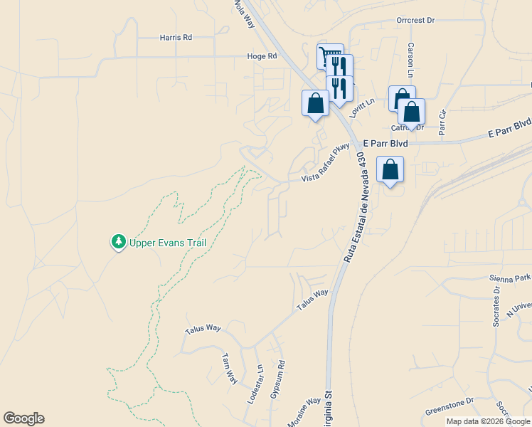 map of restaurants, bars, coffee shops, grocery stores, and more near 4110 Amber Marie Lane in Reno