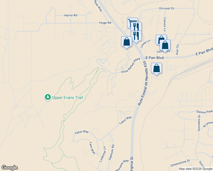 map of restaurants, bars, coffee shops, grocery stores, and more near 4110 Amber Marie Lane in Reno