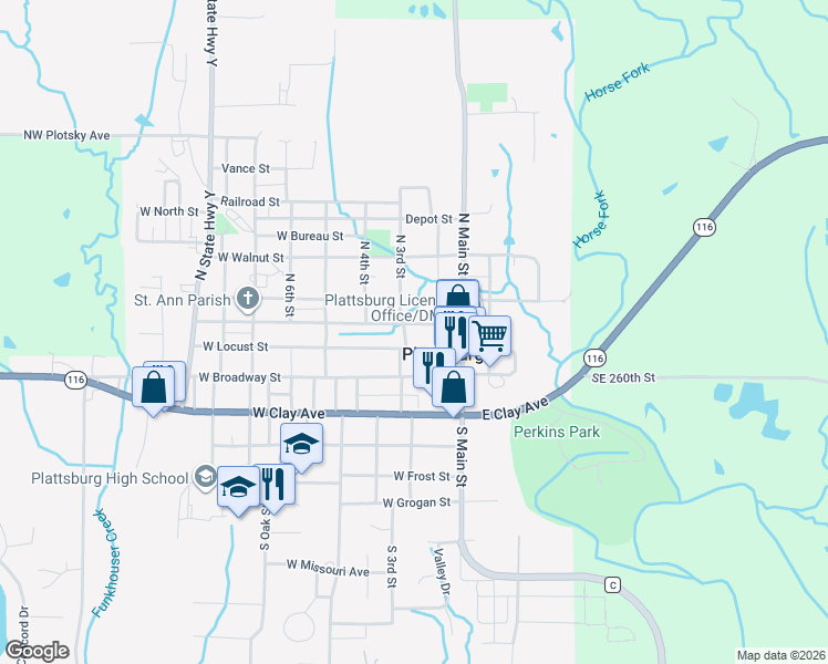 map of restaurants, bars, coffee shops, grocery stores, and more near 213 West Locust Street in Plattsburg