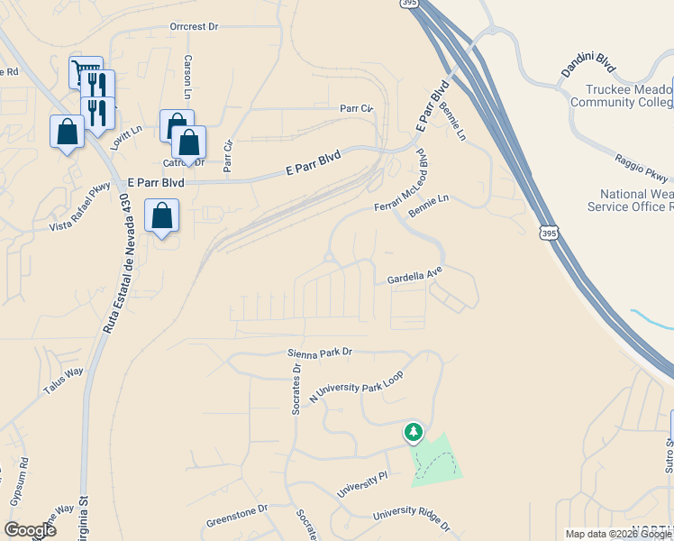 map of restaurants, bars, coffee shops, grocery stores, and more near 3787 Pimlico Street in Reno