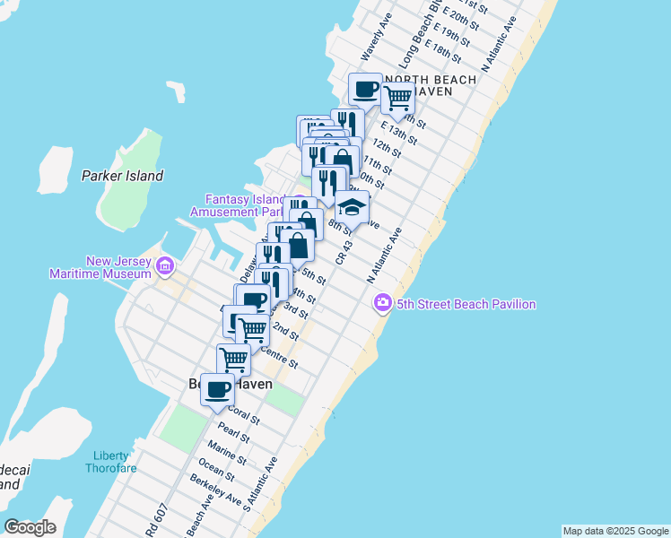 map of restaurants, bars, coffee shops, grocery stores, and more near 539 North Beach Avenue in Beach Haven