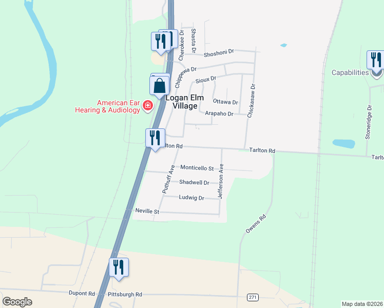 map of restaurants, bars, coffee shops, grocery stores, and more near 265 Pawnee Drive in Circleville