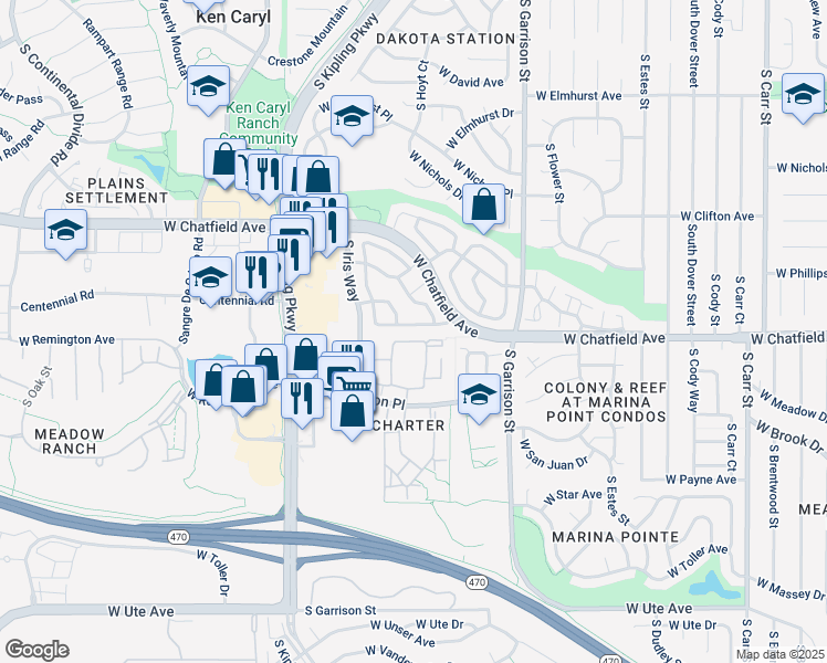 map of restaurants, bars, coffee shops, grocery stores, and more near 9664 West Chatfield Avenue in Littleton