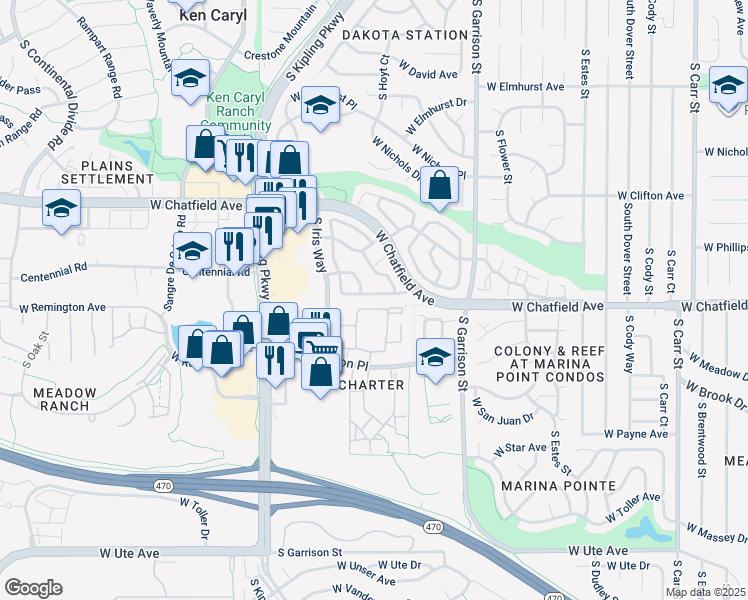 map of restaurants, bars, coffee shops, grocery stores, and more near 9664 West Chatfield Avenue in Littleton