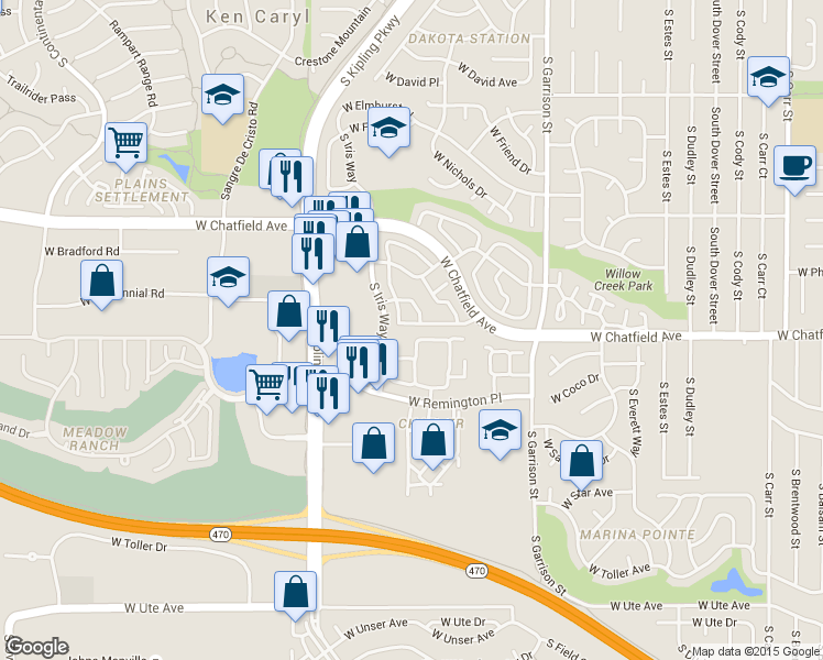 map of restaurants, bars, coffee shops, grocery stores, and more near 9620 West Chatfield Avenue in Littleton