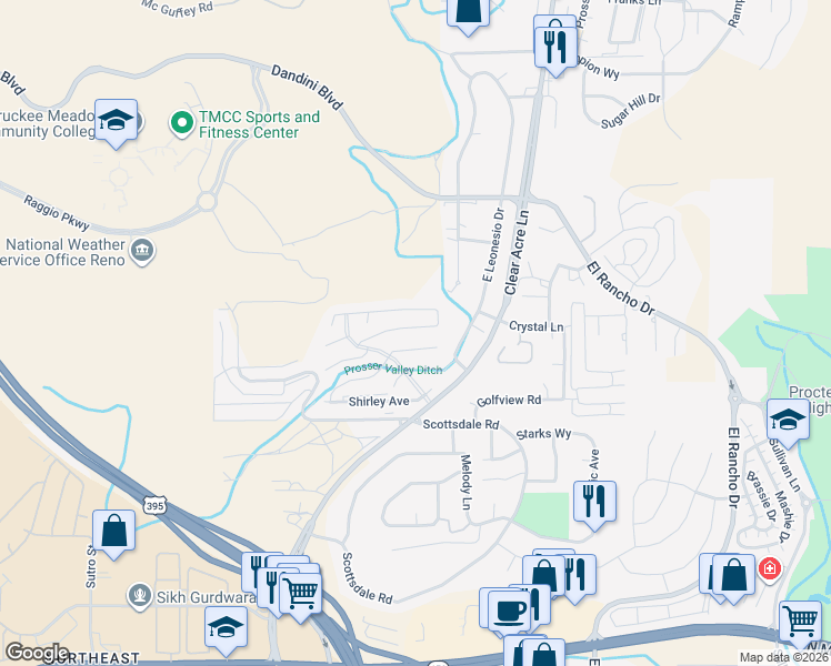map of restaurants, bars, coffee shops, grocery stores, and more near 3844-3898 Joy Lane in Reno