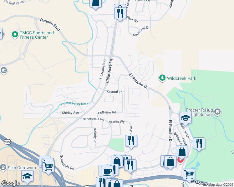 map of restaurants, bars, coffee shops, grocery stores, and more near 3949 Clear Acre Lane in Reno
