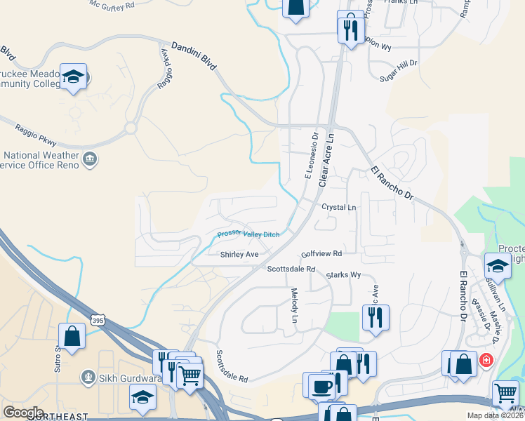 map of restaurants, bars, coffee shops, grocery stores, and more near 3844-3898 Joy Lane in Reno