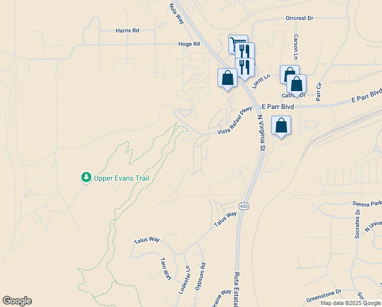 map of restaurants, bars, coffee shops, grocery stores, and more near 4279 Amber Marie Lane in Reno