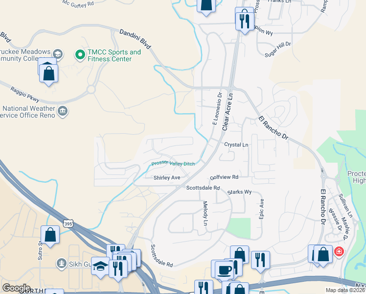 map of restaurants, bars, coffee shops, grocery stores, and more near 3844-3898 Joy Lane in Reno