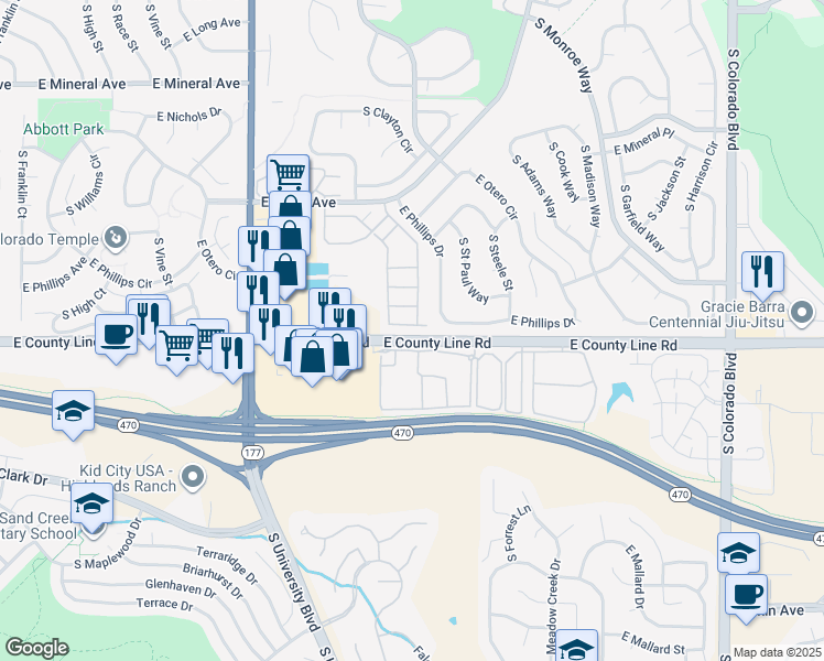 map of restaurants, bars, coffee shops, grocery stores, and more near 8294 South Fillmore Way in Centennial