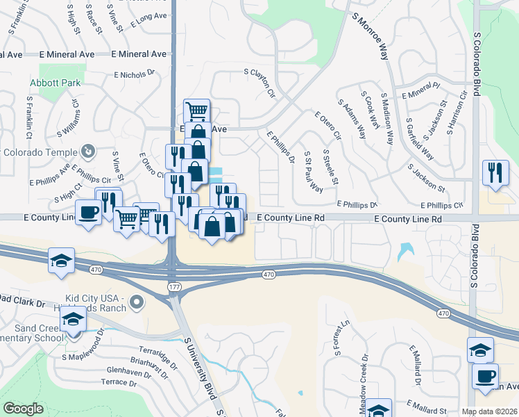 map of restaurants, bars, coffee shops, grocery stores, and more near 8264 South Fillmore Circle in Centennial