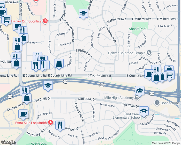 map of restaurants, bars, coffee shops, grocery stores, and more near 8273 South Ogden Circle in Littleton