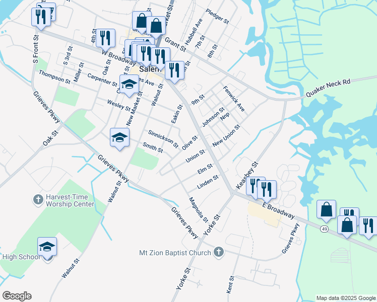 map of restaurants, bars, coffee shops, grocery stores, and more near 6 Olive Street in Salem