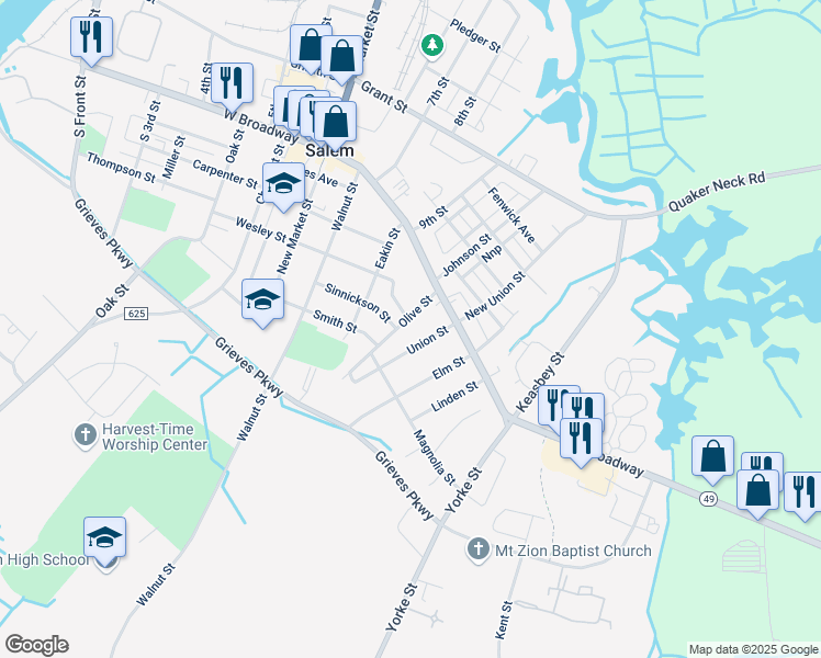 map of restaurants, bars, coffee shops, grocery stores, and more near 6 Olive Street in Salem