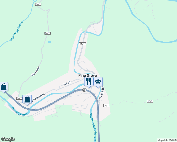 map of restaurants, bars, coffee shops, grocery stores, and more near County Road 15/17 in Pine Grove