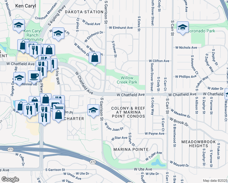 map of restaurants, bars, coffee shops, grocery stores, and more near 9072 West Phillips Drive in Littleton