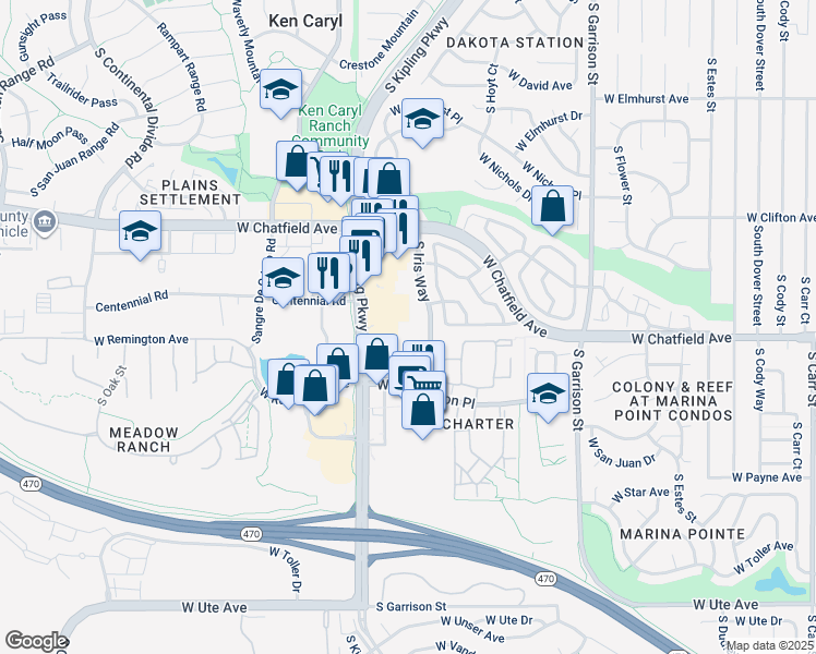 map of restaurants, bars, coffee shops, grocery stores, and more near 8214 South Kipling Parkway in Littleton