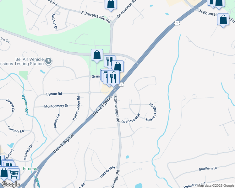 map of restaurants, bars, coffee shops, grocery stores, and more near Conowingo Road in Bel Air