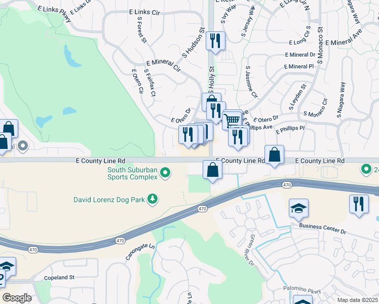 map of restaurants, bars, coffee shops, grocery stores, and more near 8239 South Holly Street in Centennial
