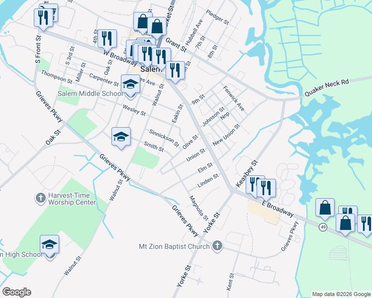 map of restaurants, bars, coffee shops, grocery stores, and more near 6 Olive Street in Salem