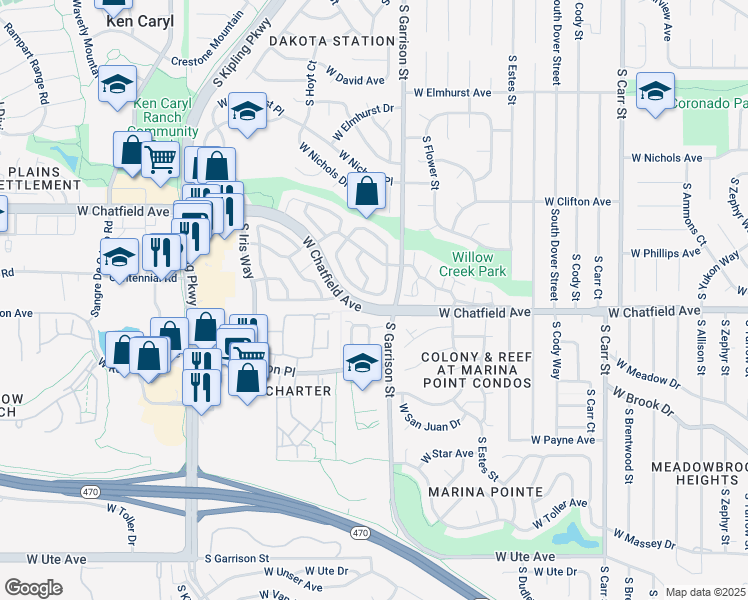map of restaurants, bars, coffee shops, grocery stores, and more near 9631 West Chatfield Avenue in Littleton