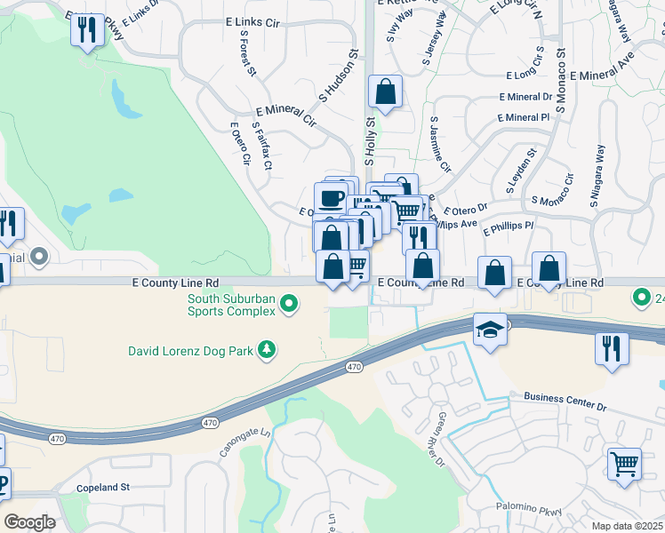 map of restaurants, bars, coffee shops, grocery stores, and more near 8239 South Holly Street in Centennial