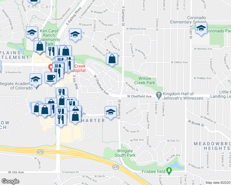 map of restaurants, bars, coffee shops, grocery stores, and more near 9631 West Chatfield Avenue in Littleton