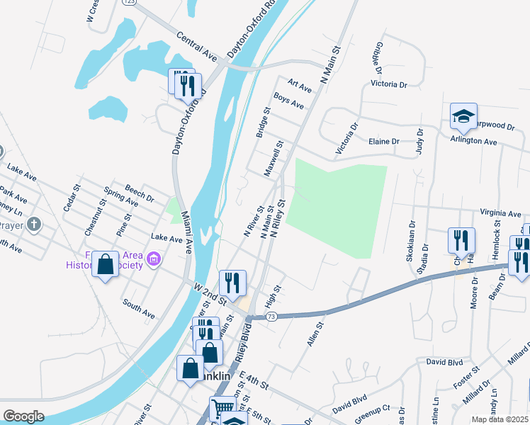 map of restaurants, bars, coffee shops, grocery stores, and more near 125 North River Street in Franklin