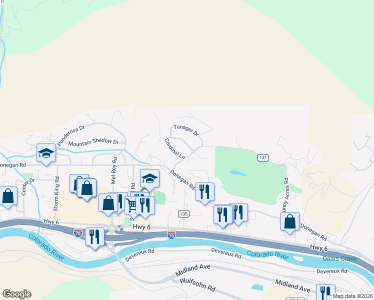 map of restaurants, bars, coffee shops, grocery stores, and more near 110 Ptarmigan Drive in Glenwood Springs