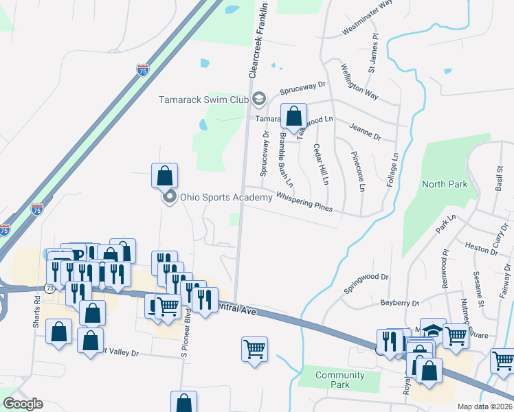 map of restaurants, bars, coffee shops, grocery stores, and more near 455 Whispering Pines in Springboro